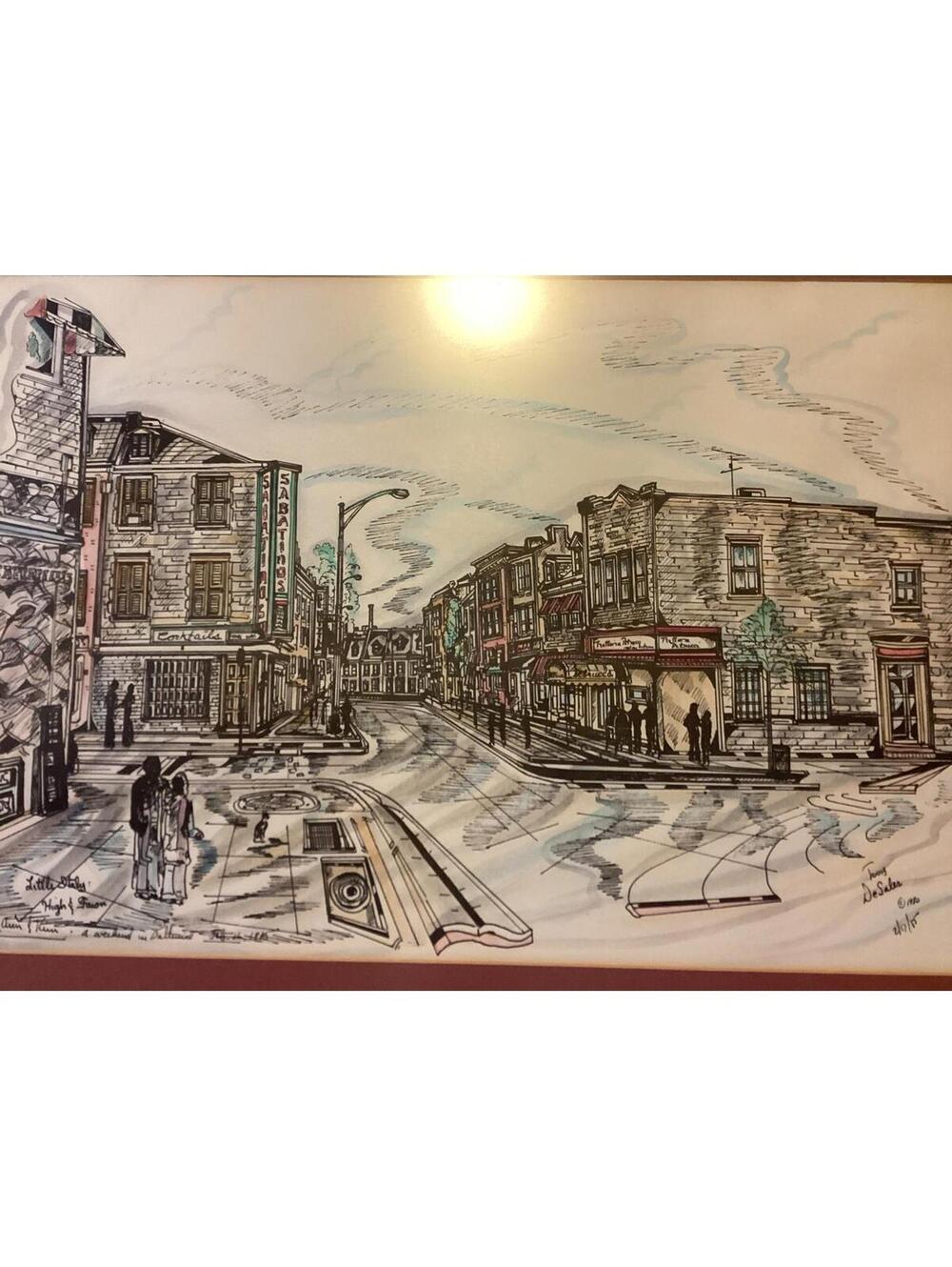 Signed Tony De Sales drawing 1975 Little Italy High & Fawn" Baltimore, Maryland